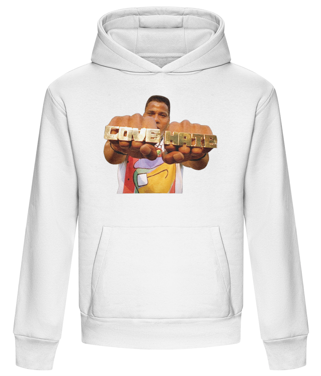 Radio Raheem Love vs. Hate heavyweight pullover hoodie in Arctic White with front kangaroo pocket