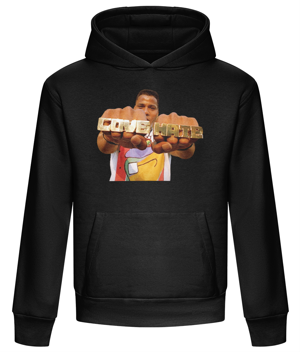 Radio Raheem Love vs. Hate heavyweight pullover hoodie in Deep Black with front kangaroo pocket